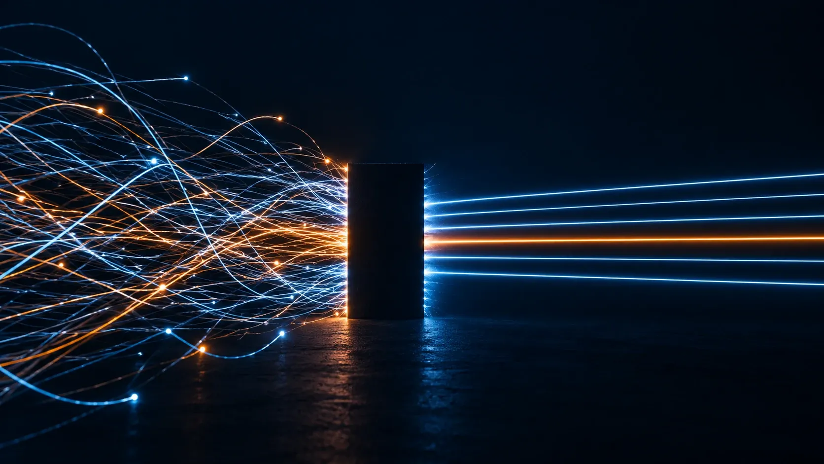 Concept image of scattered orange and blue light trails entering a dark gate and leaving as ordered paths