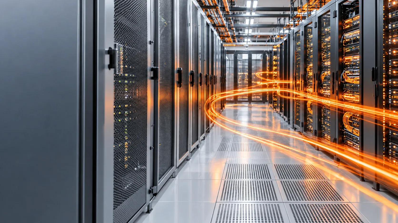 Concept image of a well-lit data center with orange data streams between server racks